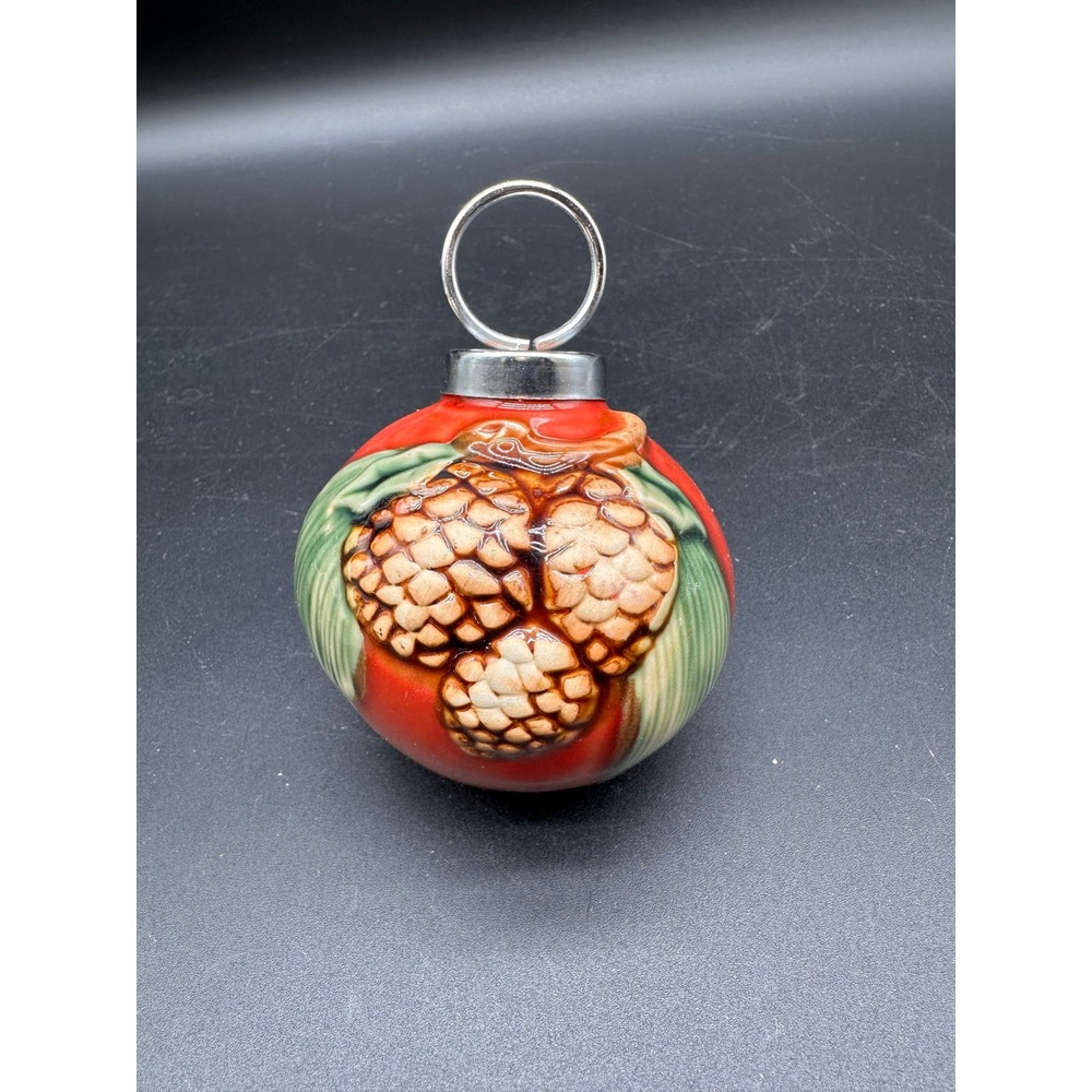 Cracker Barrel Pinecone Ceramic Ornament Red Round Holiday Christmas Tree Decor